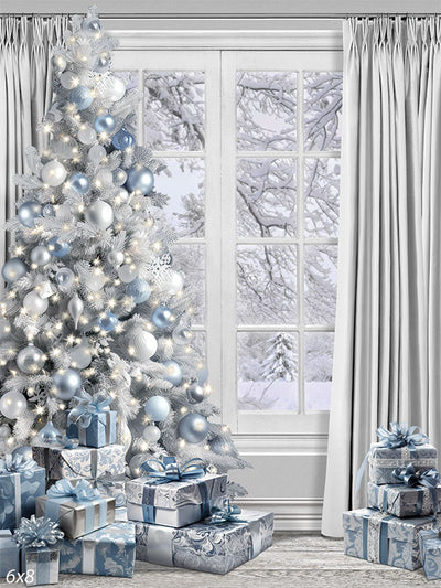 Winter Wonderland Silver and Blue Christmas Photography Backdrop - Elegant silver and blue Christmas tree with wrapped presents and a snowy landscape visible through a window.