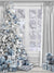 Winter Wonderland Silver and Blue Christmas Photography Backdrop - Elegant silver and blue Christmas tree with wrapped presents and a snowy landscape visible through a window.