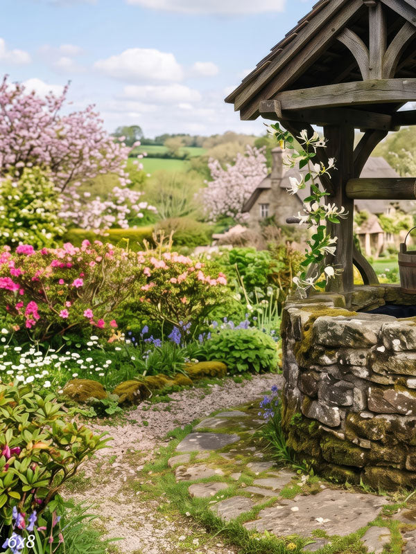 Spring cottage garden with a rustic stone wishing well, a curving path through flowering shrubs and a cottage beyond, a scenic photography backdrop.
