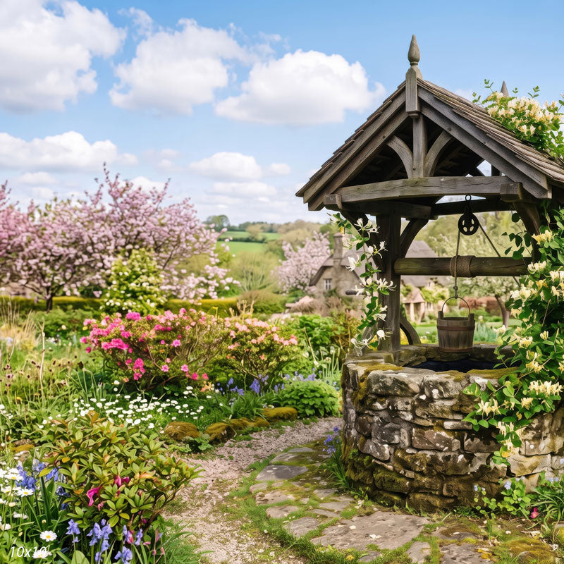 Wider view of the cottage garden showing the full peaked roof and bucket of the wishing well and a broader sweep of blossoming trees and countryside, a scenic photography backdrop.