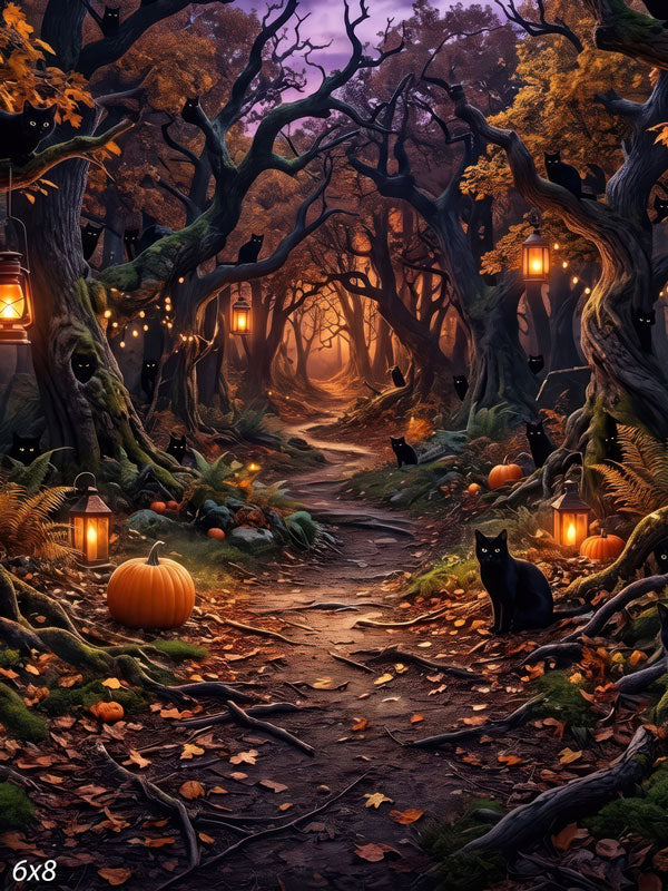 Illustrated twilight Halloween forest with a winding path, glowing lanterns, pumpkins, and black cats in the trees, a whimsical photography backdrop.