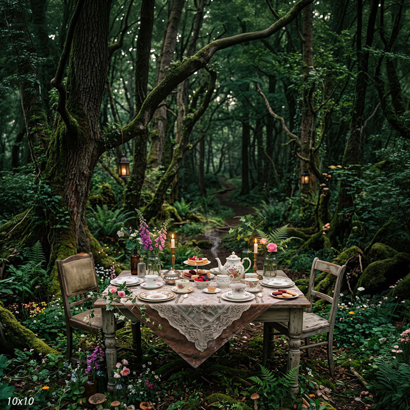Wider view of the forest tea party showing both rustic chairs, more mossy trunks and ferns and the full hanging lanterns, a themed scenic photography backdrop.