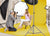 Professional photography studio setup featuring a lemon yellow seamless backdrop paper for portrait and commercial shoots.