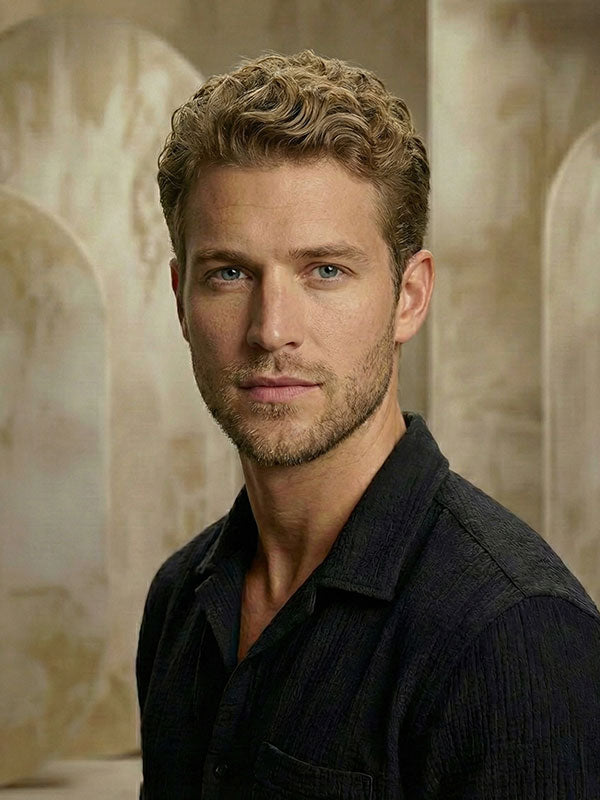 Man with light brown hair and short beard wearing a dark shirt stands facing forward against a beige abstract painted panel backdrop with layered rectangular textures.