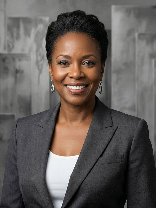 Smiling woman wearing a gray blazer over a white top faces forward against a gray abstract painted panel backdrop with soft rectangular shapes.