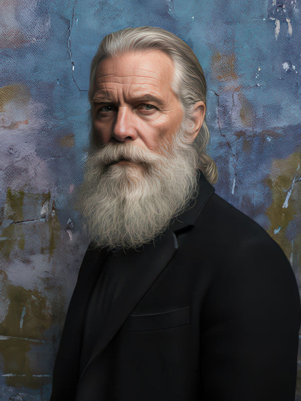Older man with long gray hair and a full white beard wearing a black suit faces forward with a calm expression against an abstract textured painted wall backdrop with blue and gray tones.