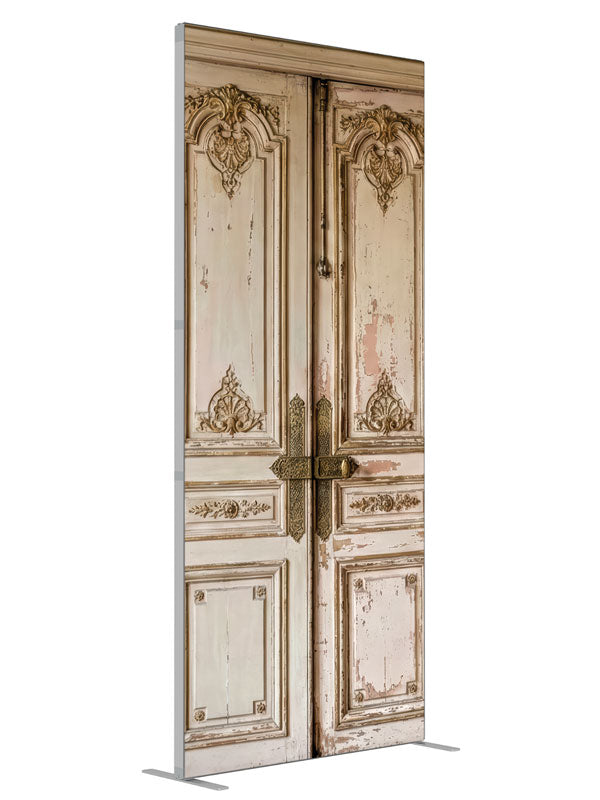 Aged Double Door Paneled Wall shown at an angled view, photography backdrop panel for Denny StudioEdge silicone edge frame, 3 ft