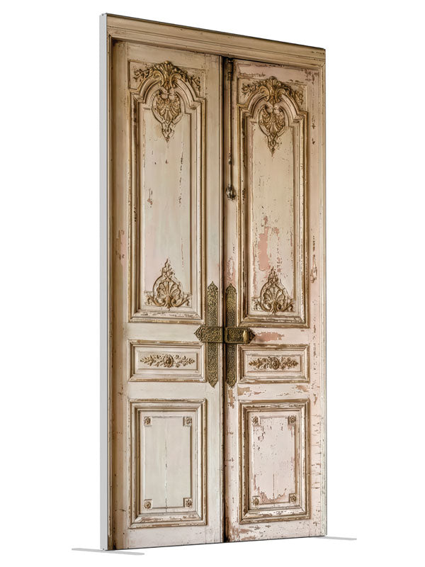 Aged Double Door Paneled Wall shown at an angled view, photography backdrop panel for Denny StudioEdge silicone edge frame, 4 ft