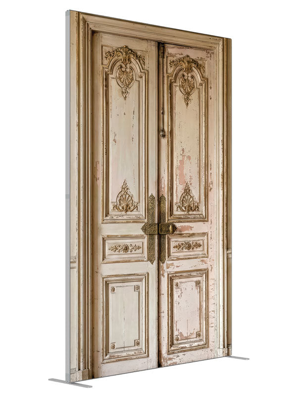 Aged Double Door Paneled Wall shown at an angled view, photography backdrop panel for Denny StudioEdge silicone edge frame, 5 ft
