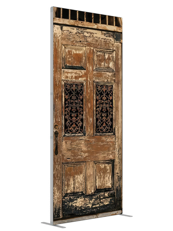 Aged Plaster Wall Wooden Door shown at an angled view, photography backdrop panel for Denny StudioEdge silicone edge frame, 3 ft