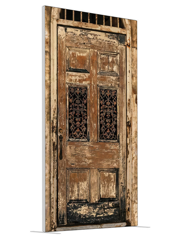 Aged Plaster Wall Wooden Door shown at an angled view, photography backdrop panel for Denny StudioEdge silicone edge frame, 4 ft