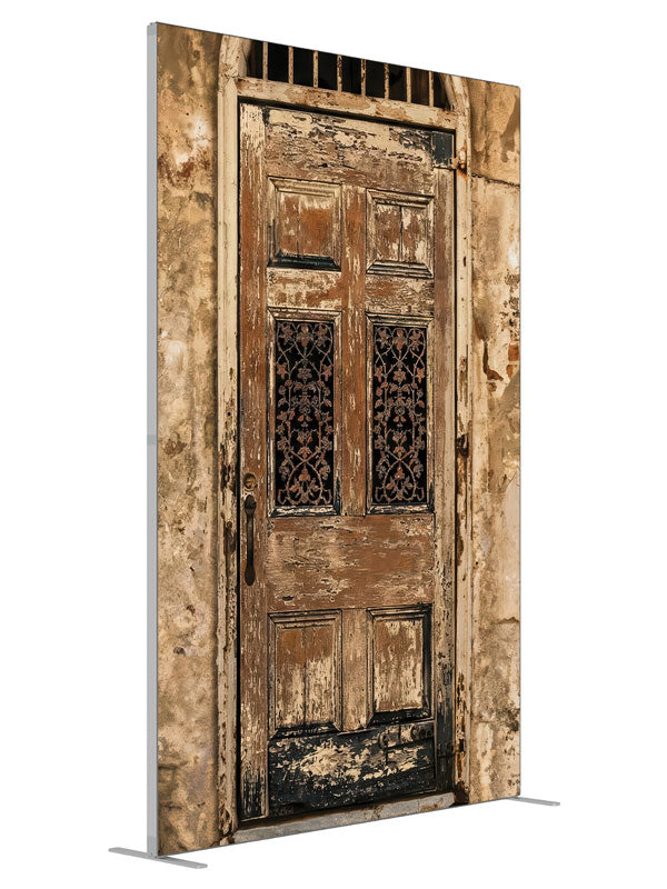 Aged Plaster Wall Wooden Door shown at an angled view, photography backdrop panel for Denny StudioEdge silicone edge frame, 5 ft