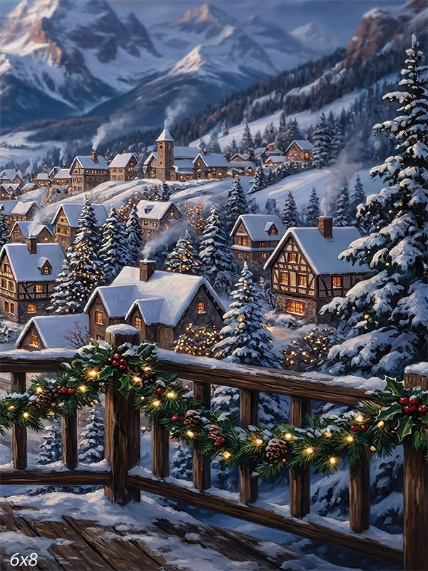 alpine Christmas village snowy chalets photography backdrop CP-8891