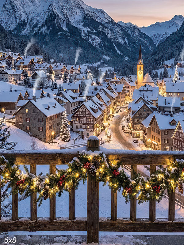 alpine Christmas village twilight photography backdrop CP-8892