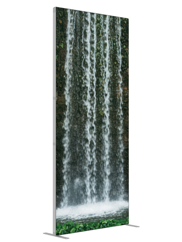 Alveric Garden Waterfall in Ivy Covered Stone Wall shown at an angled view, photography backdrop panel for Denny StudioEdge silicone edge frame, 3 ft
