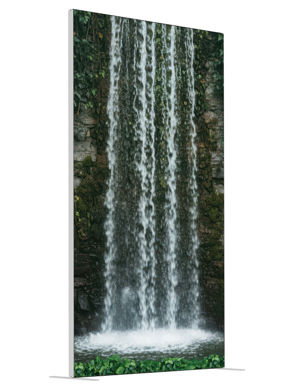 Alveric Garden Waterfall in Ivy Covered Stone Wall shown at an angled view, photography backdrop panel for Denny StudioEdge silicone edge frame, 4 ft