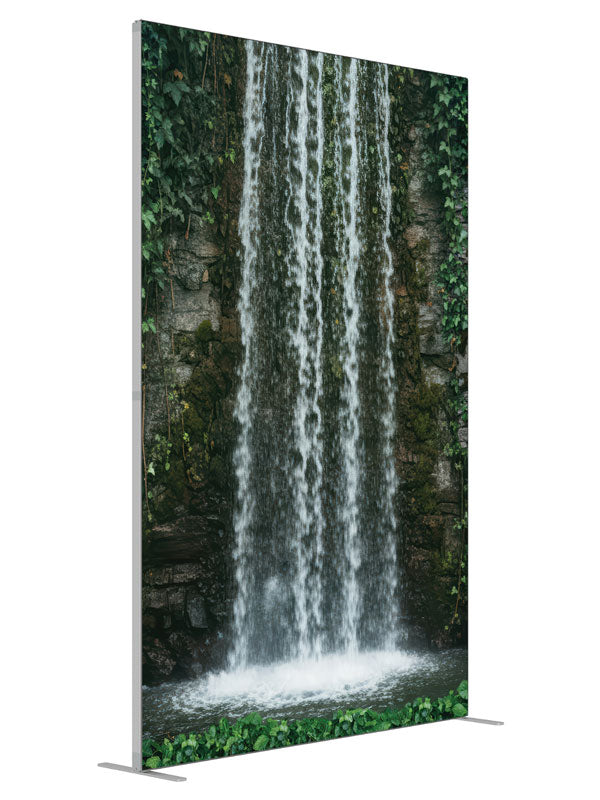 Alveric Garden Waterfall in Ivy Covered Stone Wall shown at an angled view, photography backdrop panel for Denny StudioEdge silicone edge frame, 5 ft
