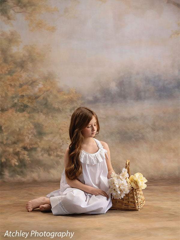 Ansel soft misty meadow with trees photography backdrop shown with a girl in a white nightgown seated with a basket of white flowers CP-8845