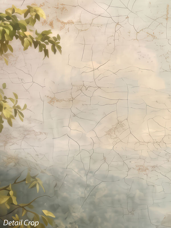 Antique Bloom ethereal rose garden landscape photography backdrop — close-up detail of the aged crackled plaster finish with soft cloudy sky tones and a leafy foliage border CP-8957