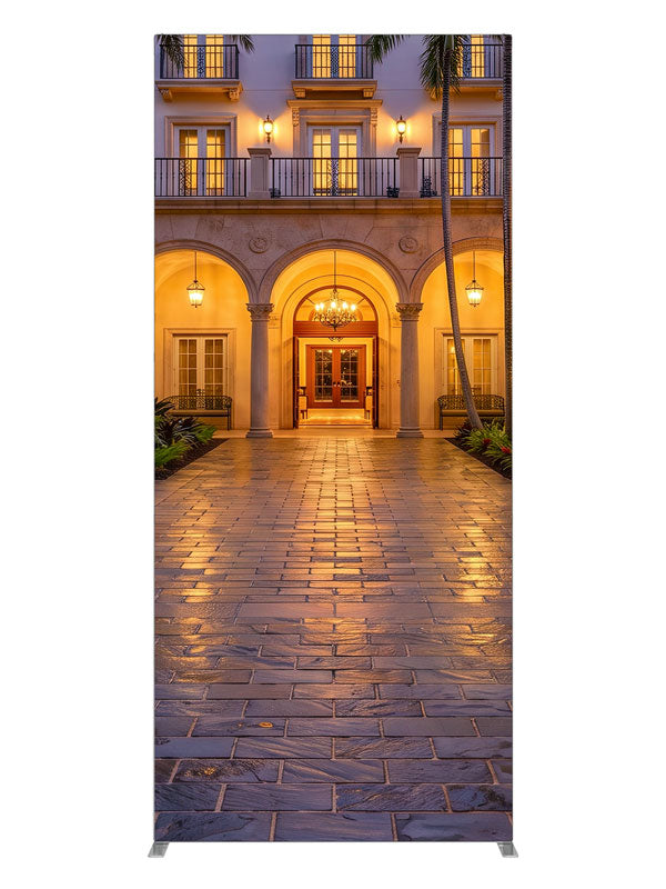 Symmetrical arched colonnade around a tiled courtyard with hanging lanterns and palms, 3ft photography backdrop panel for Denny StudioEdge silicone edge frame