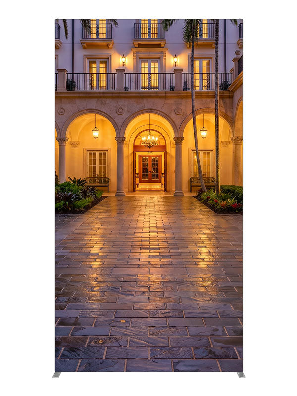 Symmetrical arched colonnade around a tiled courtyard with hanging lanterns and palms, 4ft photography backdrop panel for Denny StudioEdge silicone edge frame