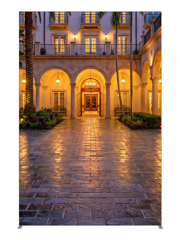 Symmetrical arched colonnade around a tiled courtyard with hanging lanterns and palms, 5ft photography backdrop panel for Denny StudioEdge silicone edge frame