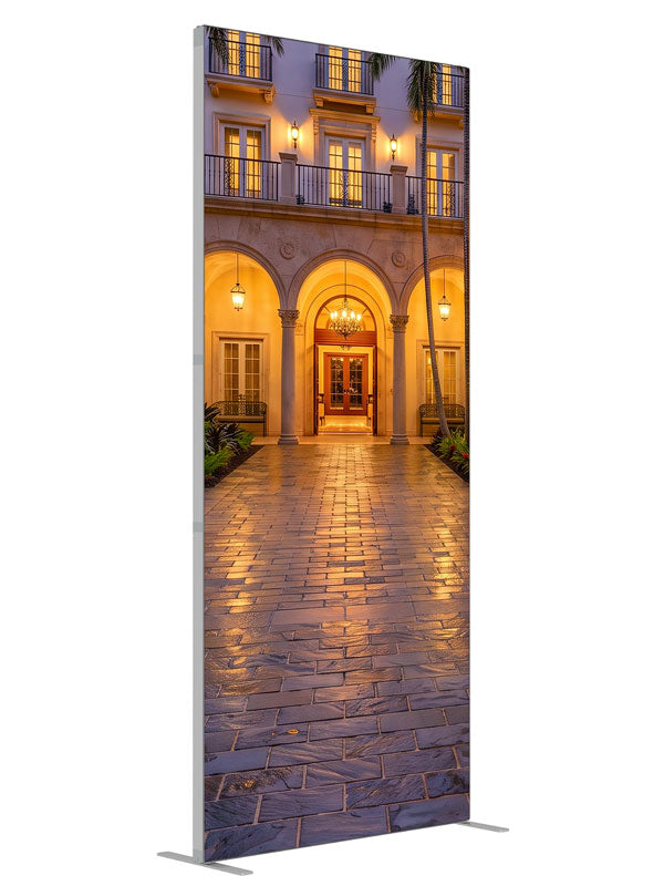 Symmetrical arched colonnade around a tiled courtyard with hanging lanterns and palms, 3ft photography backdrop panel for Denny StudioEdge silicone edge frame, angled view