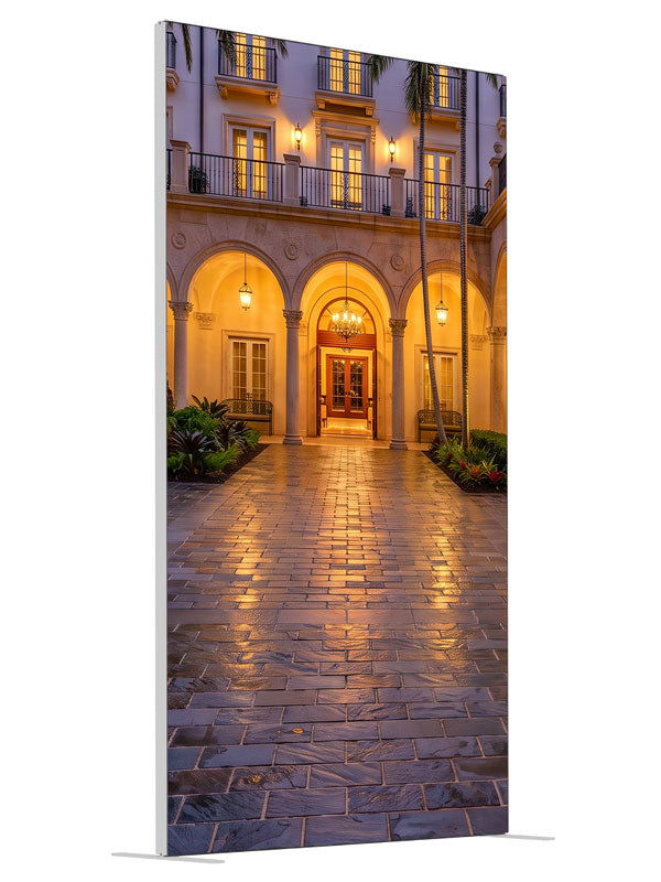 Symmetrical arched colonnade around a tiled courtyard with hanging lanterns and palms, 4ft photography backdrop panel for Denny StudioEdge silicone edge frame, angled view