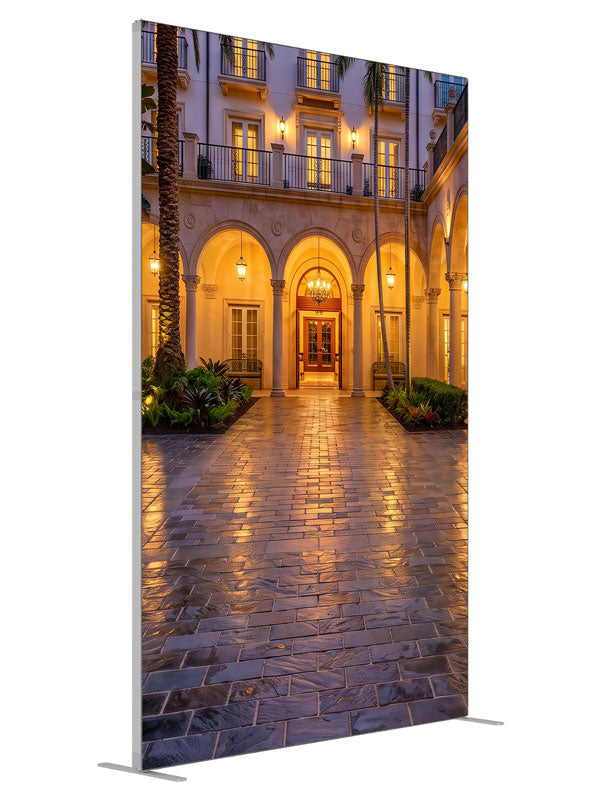 Symmetrical arched colonnade around a tiled courtyard with hanging lanterns and palms, 5ft photography backdrop panel for Denny StudioEdge silicone edge frame, angled view