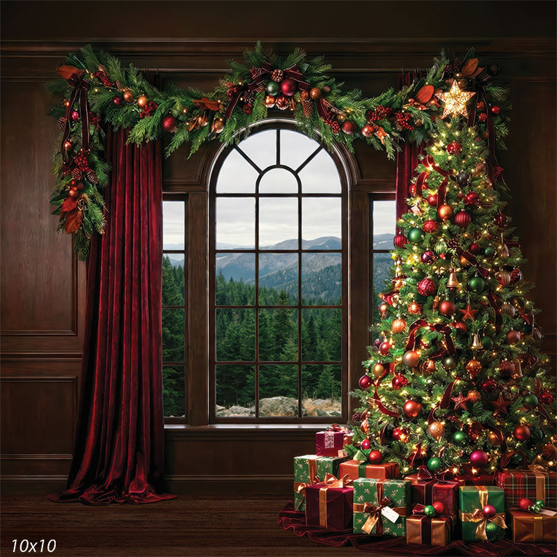 arched window Christmas studio background with tree and red drapes CP-8893