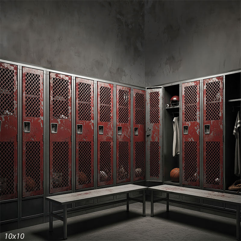A raw and rugged environment with open lockers, sports gear, and scuffed textures—ideal for editorial sports photography.