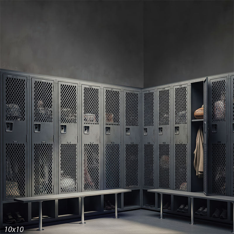 Open metal lockers, cubbies, and benches provide natural posing elements in a disciplined, industrial space.