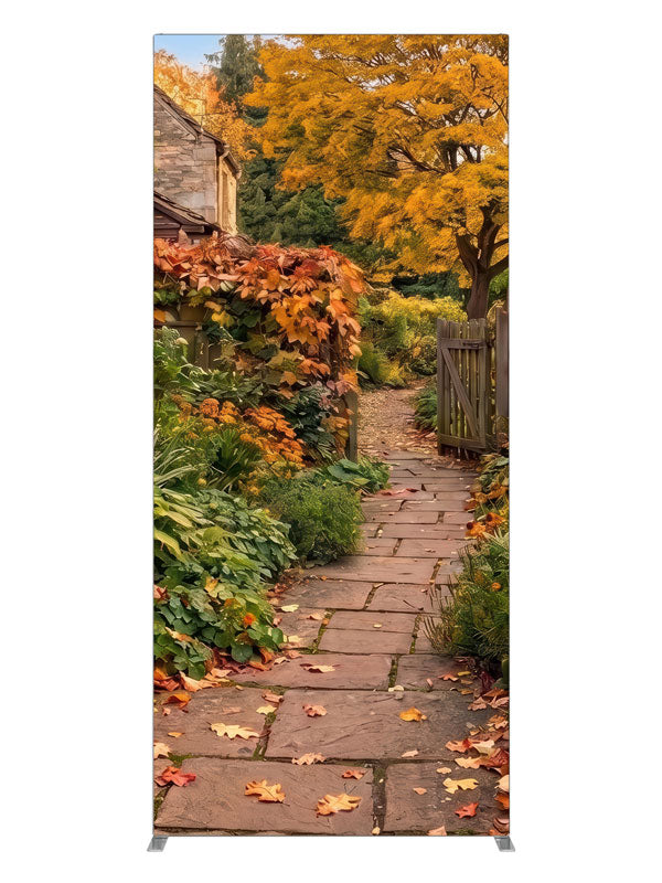 Autumn cottage garden with a flagstone path, red ivy stone wall, and golden maple, 3ft photography backdrop panel for Denny StudioEdge silicone edge frame