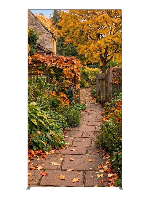 Autumn cottage garden with a flagstone path, red ivy stone wall, and golden maple, 4ft photography backdrop panel for Denny StudioEdge silicone edge frame
