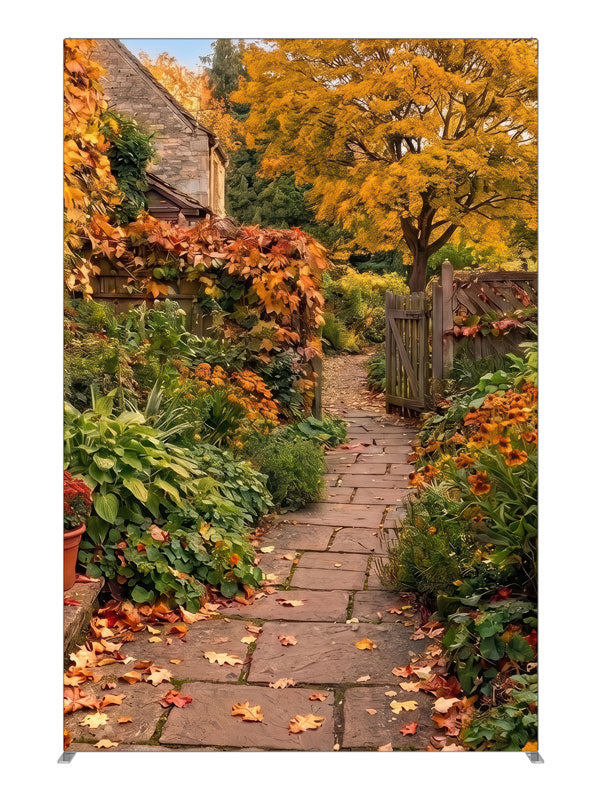 Autumn cottage garden with a flagstone path, red ivy stone wall, and golden maple, 5ft photography backdrop panel for Denny StudioEdge silicone edge frame