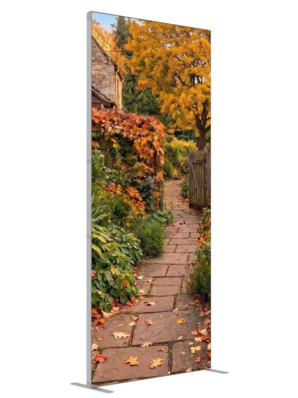 Autumn cottage garden with a flagstone path, red ivy stone wall, and golden maple, 3ft photography backdrop panel for Denny StudioEdge silicone edge frame, angled view