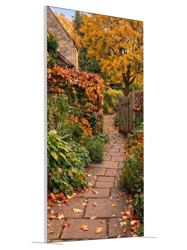 Autumn cottage garden with a flagstone path, red ivy stone wall, and golden maple, 4ft photography backdrop panel for Denny StudioEdge silicone edge frame, angled view