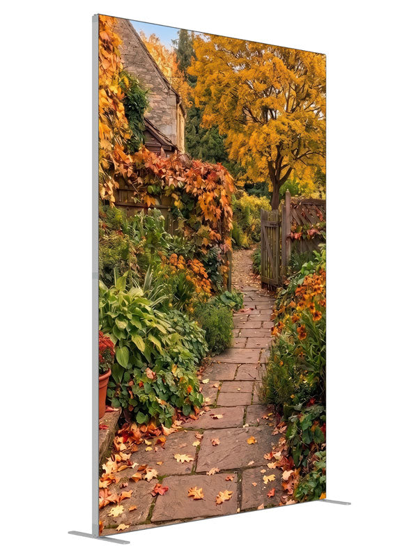 Autumn cottage garden with a flagstone path, red ivy stone wall, and golden maple, 5ft photography backdrop panel for Denny StudioEdge silicone edge frame, angled view
