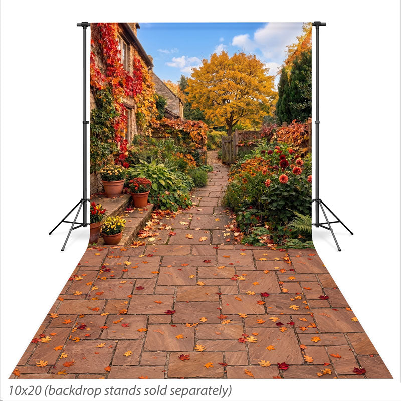 Cider Lane Autumn Cottage Garden Stone Path photography backdrop shown extending down onto the studio floor CP-9032