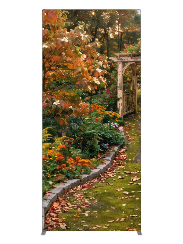 Garden path leading to a rustic arbor under an autumn dogwood with coral and gold blooms, 3ft photography backdrop panel for Denny StudioEdge silicone edge frame