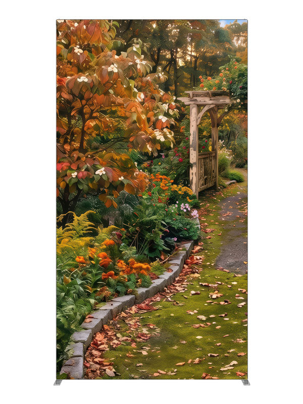 Garden path leading to a rustic arbor under an autumn dogwood with coral and gold blooms, 4ft photography backdrop panel for Denny StudioEdge silicone edge frame