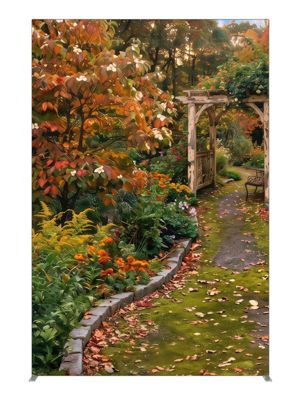 Garden path leading to a rustic arbor under an autumn dogwood with coral and gold blooms, 5ft photography backdrop panel for Denny StudioEdge silicone edge frame