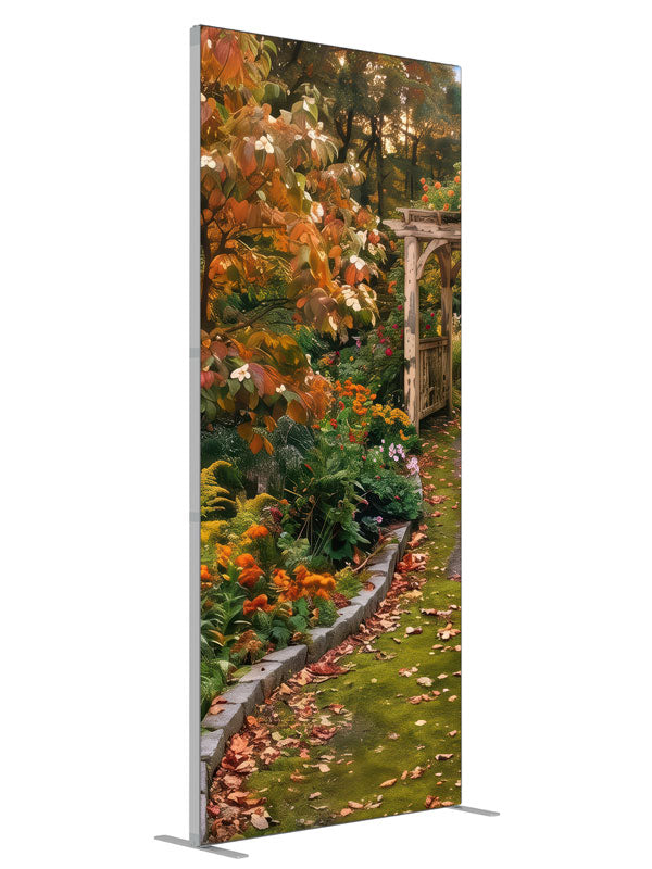 Garden path leading to a rustic arbor under an autumn dogwood with coral and gold blooms, 3ft photography backdrop panel for Denny StudioEdge silicone edge frame, angled view