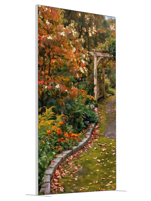 Garden path leading to a rustic arbor under an autumn dogwood with coral and gold blooms, 4ft photography backdrop panel for Denny StudioEdge silicone edge frame, angled view