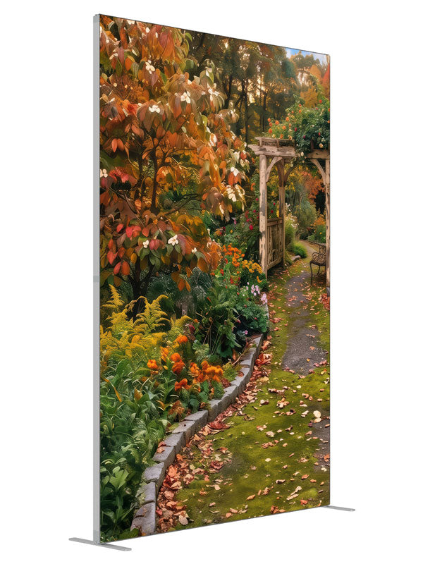 Garden path leading to a rustic arbor under an autumn dogwood with coral and gold blooms, 5ft photography backdrop panel for Denny StudioEdge silicone edge frame, angled view