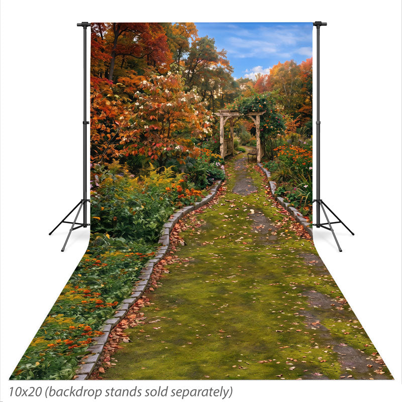Arbor Walk Autumn Garden Arbor and Flower Path photography backdrop shown extending down onto the studio floor CP-9034