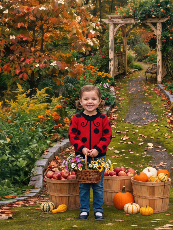 Autumn garden arbor flower path photography backdrop shown in a fall studio portrait with a young girl in a red ladybug sweater holding a basket of flowers CP-9034