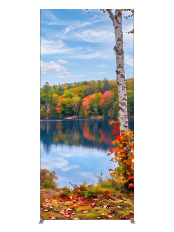 Calm autumn lake mirrored between white birch trunks and colorful forest, 3ft photography backdrop panel for Denny StudioEdge silicone edge frame