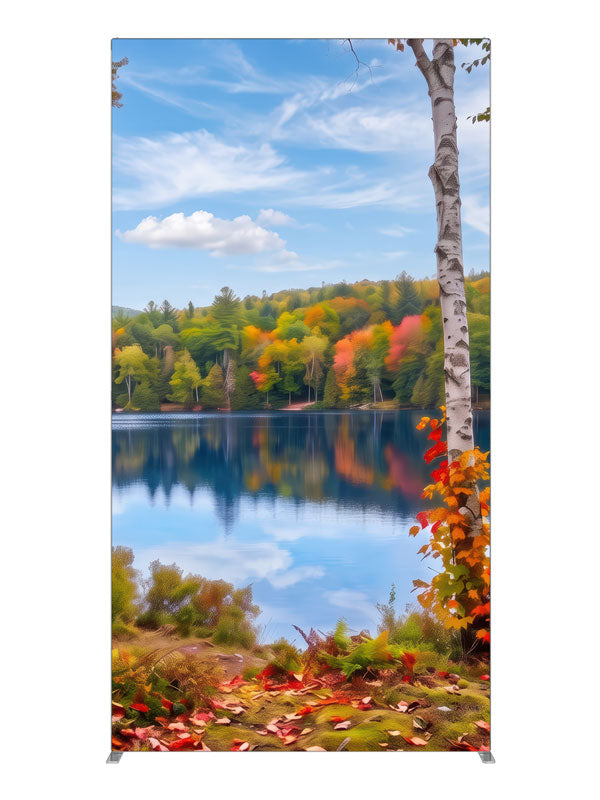 Calm autumn lake mirrored between white birch trunks and colorful forest, 4ft photography backdrop panel for Denny StudioEdge silicone edge frame