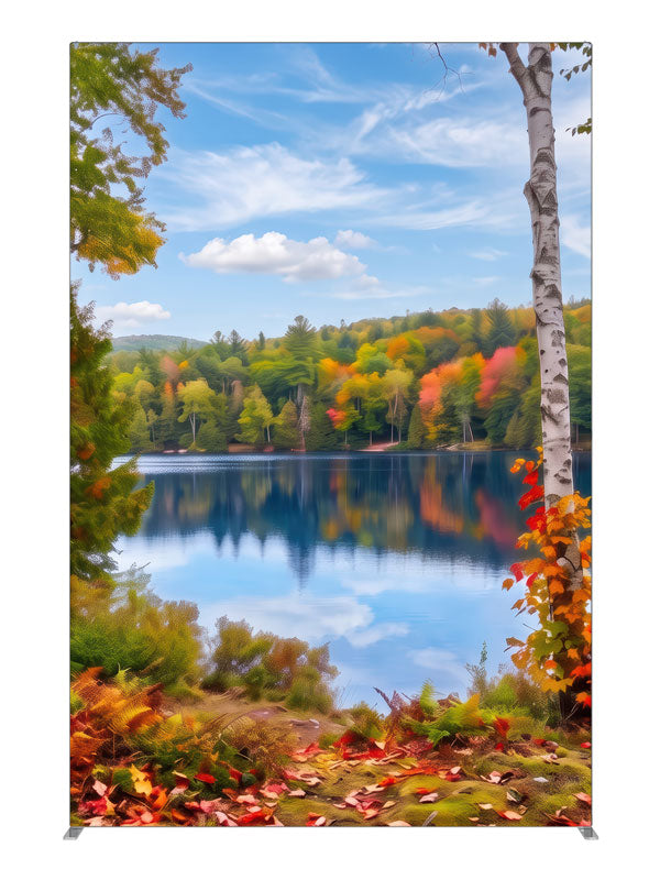 Calm autumn lake mirrored between white birch trunks and colorful forest, 5ft photography backdrop panel for Denny StudioEdge silicone edge frame